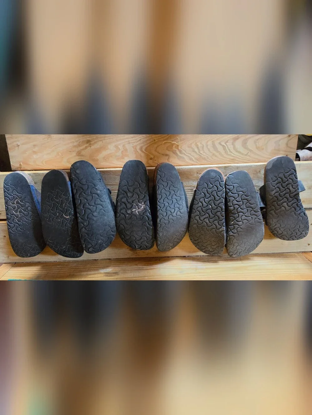 4 Pairs Size 39 Birkenstock sandals.  Very Worn.  Need Repairs.  Good Straps.